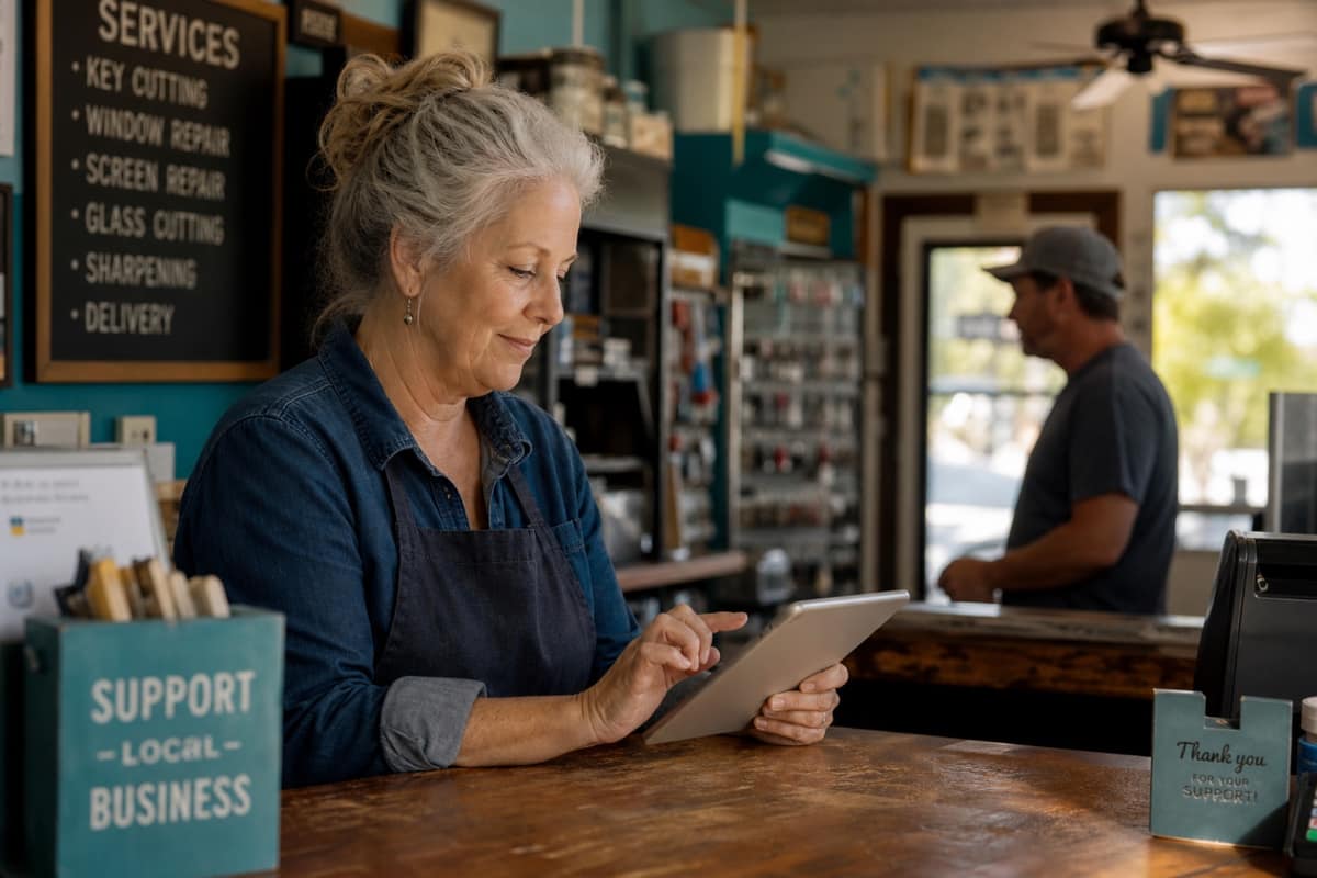 Shop owner checking inventory on a tablet at the service counter