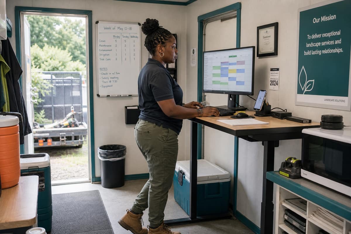 Crew supervisor scheduling work on a desktop in a job trailer