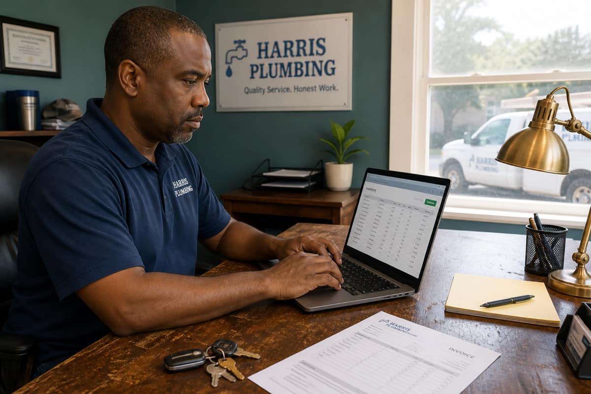 Contractor at a small-office desk working on a laptop