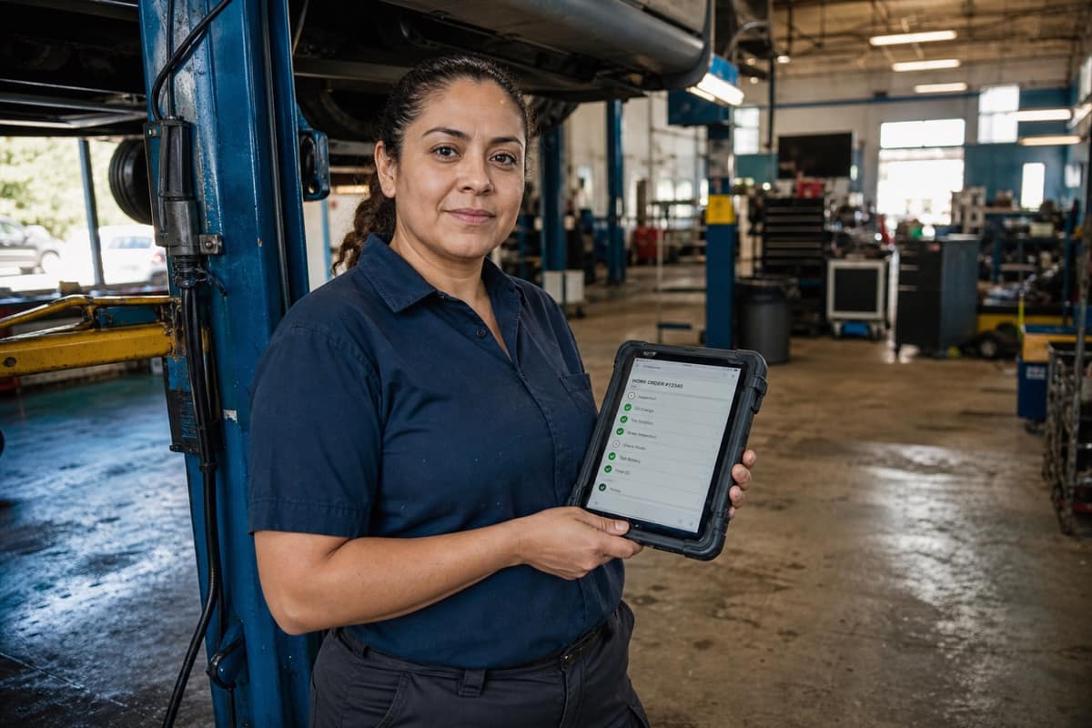 Shop-floor technician reviewing a work order on a tablet