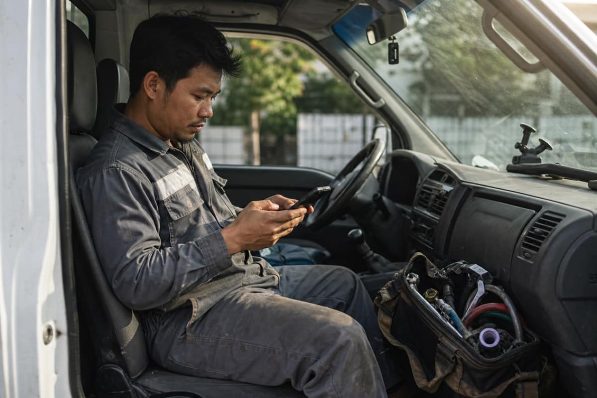 Field technician checking a service ticket on a phone in a work van