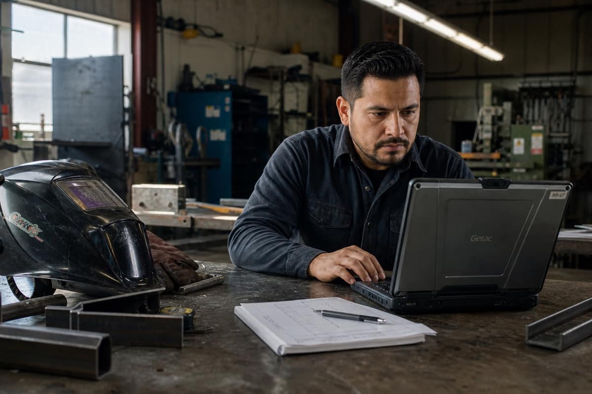 Fabrication workshop worker reviewing parts on a laptop