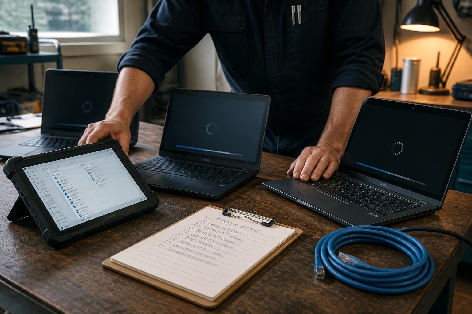 Technician stabilizing a mixed fleet of laptops and tablets on a workshop desk