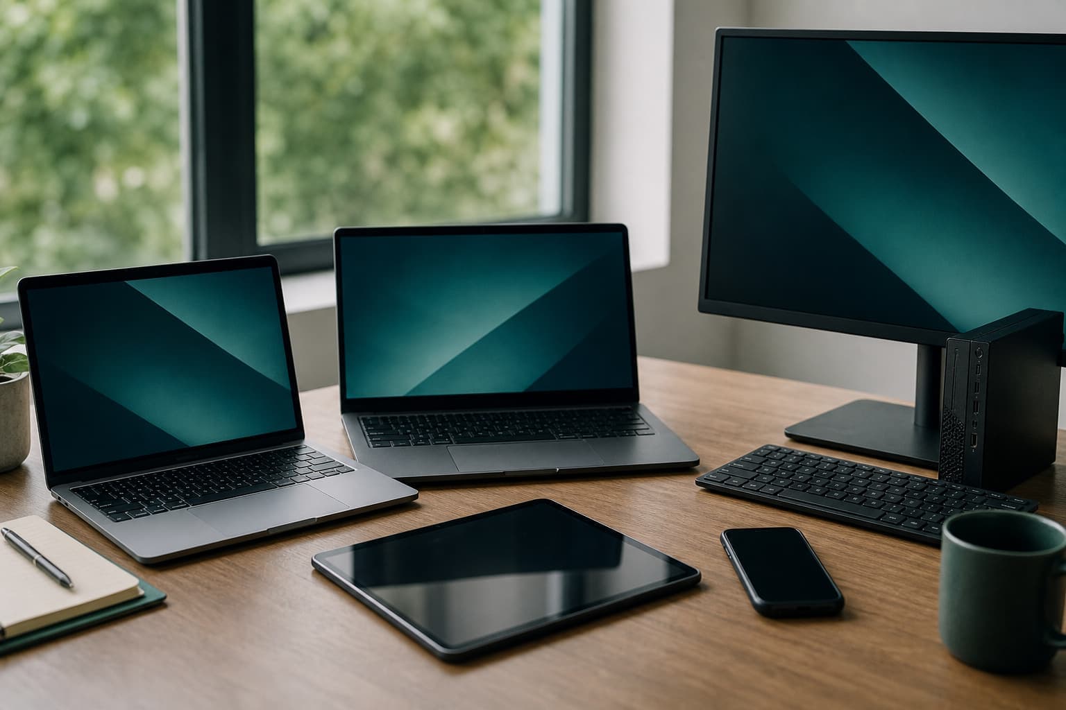 Mixed fleet on a desk — PC, laptops, tablet, and phone under one practice