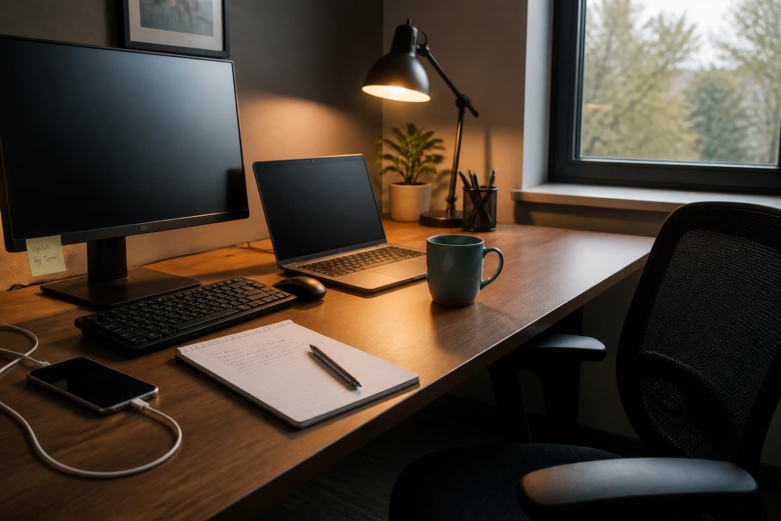 Quiet workplace desk with PC, laptop, and phone — support when you need it