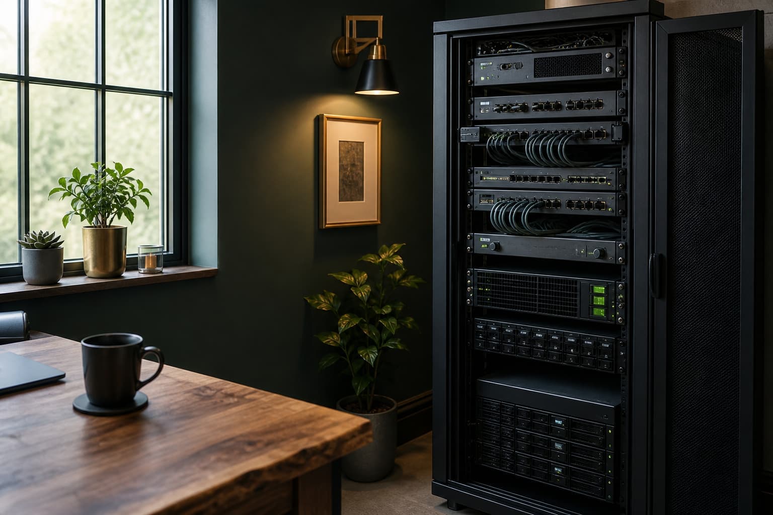 Professional workspace with owned infrastructure — a server rack beside a desk